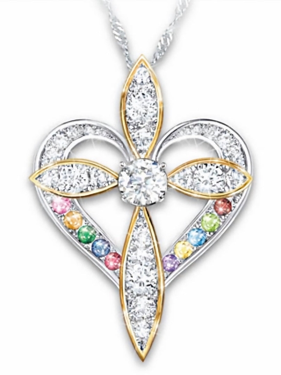 None Jewelry - Multicolor Faux Gemstone Heart Cross Pendant Necklace in Silver and Gold